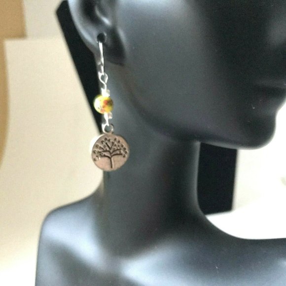 Celtic Tree of Life Murano Bead Earrings Yellow Red Silver Plated Vintage Beads - Picture 5 of 8